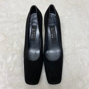 90's Stuart Weitzman Square Toe Black‎ Suede Pumps w/Black Lucite Plastic Heels